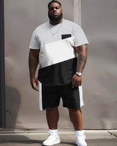 Street Casual Black And White Gray Color Block Print Large Men's Set